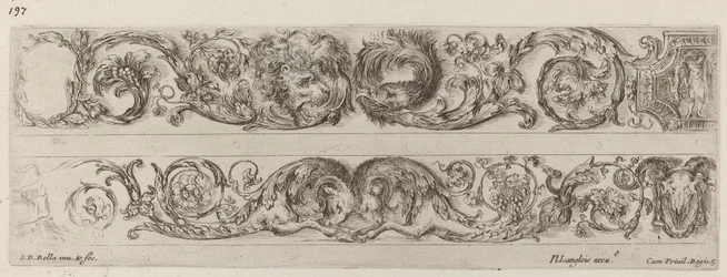 Dos bandas ornamentales con cabezas enfrentadas de león y águila, y dos carneros, probablemente 1648