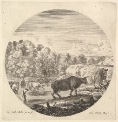 Dos vacas en el centro, seguidas por dos mujeres campesinas y otras vacas en el río, ca. 1643-48