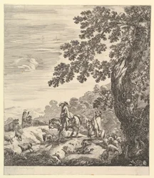 Dos jinetes pasan un rebaño, cabalgando hacia la izquierda, una campesina y un niño pequeño, ca. 1656