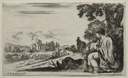 Varias figuras y paisajes: una enfermera pobre sentada bajo un árbol, 1649