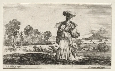 Varias figuras y paisajes: Mujer campesina llevando una cesta en la cabeza
