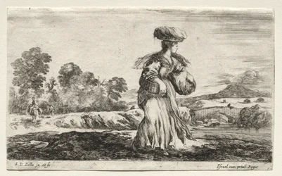 Varias figuras y paisajes: Mujer campesina llevando una cesta en la cabeza, 1649