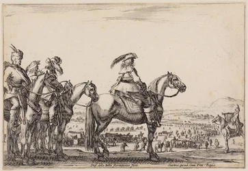 Varias figuras (Varie figure): Ejército en marcha por la llanura. En la colina del primer plano, el comandante y sus acompañantes; a la derecha, un trompetista.