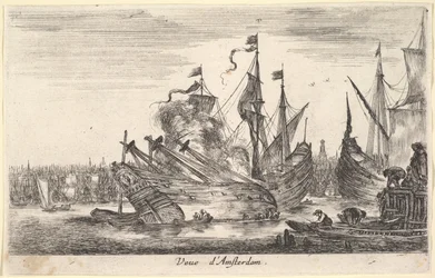 Vista del puerto de Ámsterdam, hombres en botes de remos trabajando en un barco en el centro, 1647