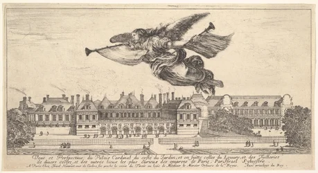 Vista del Palais Cardinal, la figura de la Fama en el centro superior volando hacia la izquierda, 1649-51