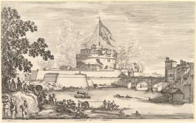 Vista del río Tíber, un gran árbol a la izquierda, dos grupos de mujeres a la izquierda en el primer plano, ca. 1656