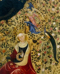 Santa Catalina de Alejandría rodeada de ángeles y un pavo real, detalle de la Madonna del Roseto