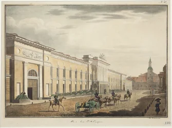 Vista del Nuevo Arsenal en la Avenida Liteyny (perspectiva Liteiny) - Stepan Philippovich Galaktionov (1779-1854). Litografía, acuarela