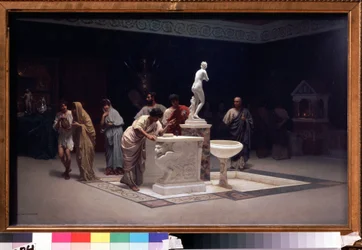 En el vestíbulo de Mecenas (Cayo Cilnius Maecenas (o Mecene) (ca. 70 a.C.-8 a.C.) (En el vestíbulo de Mecenas). Pintura de Stepan Vladislavovich Bakalovich (1857-1947). Óleo sobre lienzo, 45 x 72,7 cm