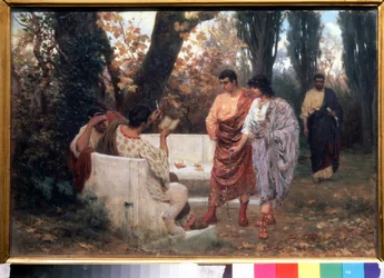 Le poete romain Catulle (87-54 avant JC) lisant son poeme (El poeta romano Catulo leyendo su poema). Pintura de Stepan Vladislavovich Bakalovich (1857-1947). Hilo sobre papel, 26,8 x 39 cm