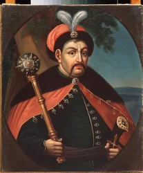 Retrato del hetman cosaco de Ucrania Bohdan Khmelnytsky (1595-1657) (Retrato del hetman cosaco de Ucrania Bohdan Khelmytsky) - Pintura de Stepan Zemlykov (debut del siglo XIX), huile sur toile del siglo XIX, arte ucraniano - Museo de Arte Regional