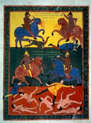 Los cuatro caballeros del Apocalipsis. El ángel hace sonar la sexta trompeta: la aparición de caballos con cabeza de león escupiendo fuego, jinetes montados con acorazados. Un tercio de los hombres perece. Miniatura en "Beatus de Liebana, Comentario al Apo