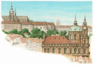 Vista de Praga, c.1900-2023 (tinta y acuarela)