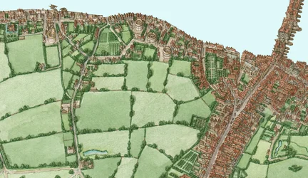 Bankside y Southwark, Londres, hacia 1600-25, 2021 (tinta y acuarela, digital)