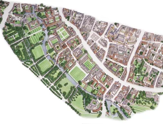 Vista aérea de Cambridge (dibujada en 1996), c.1990-2005 (tinta y acuarela)