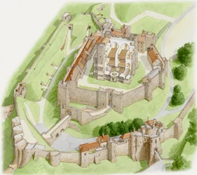 Dover Castle Today, c.1945-2023 (tinta y acuarela sobre papel)