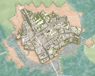 Oxford moderno sobre las defensas de la Guerra Civil, c.1644-1646 (tinta, acuarela, edición digital)