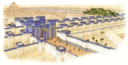 La puerta de Ishtar, Babilonia, c.-560--10 (tinta y acuarela)