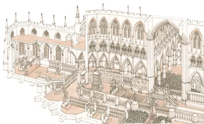El cenáculo de la abadía de Westminster en el momento de la coronación del rey Enrique IV en 1399, 2023 (tinta y acuarela)