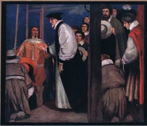 Laud entrando en la barcaza en Lambeth para ir a la Torre (litografía en color)