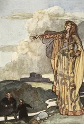 Macha maldice a los hombres del Ulster, ilustración de "Cuchulain, The Hound of Ulster", de Eleanor Hull (1860-1935)