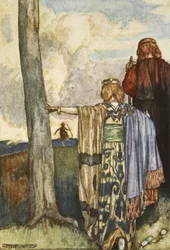 La reina Maeve se reúne con Cuchulain, ilustración de "Cuchulain, The Hound of Ulster", de Eleanor Hull (1860-1935)