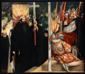 Recepción de San Agustín por parte de Ethelbert, ilustración de "The Mighty Army" de Winifred M. Letts, pub. 1912 (litografía en color)