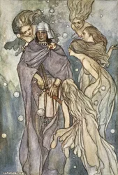 Allí moraban las ninfas del océano de pelo rojo, ilustración de "The High Deeds of Finn, and other Bardic Romances of Ancient Ireland" de T.W. Rolleston (litografía en color)