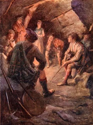 Highlanders armados sentados alrededor del fuego haciendo planes para Bonnie Prince Charlie