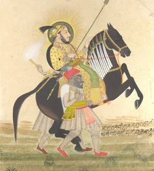 Maharana Sangram Singh montando un semental premiado