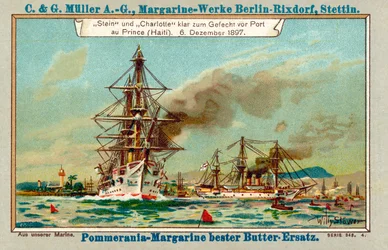 Buques de guerra alemanes Stein y Charlotte en el puerto de Port au Prince, Haití, durante el Asunto Luders, 6 de diciembre de 1897 (cromolitografía)