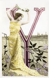 Y: Bianca Toledo, artista, cantante y bailarina sevillana de la Belle Époque - Casino de París, Folies Bergère - alfabeto en postal