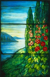 Escena lacustre con malvarrosas en flor (vidriera)