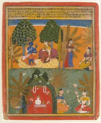 Krishna y Radha con sus confidentes: Página de un Gita Govinda disperso, ca. 1655-60