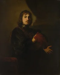 Retrato de un hombre con peto y sombrero con plumas