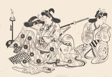 Samurái y cortesana sentados, un sirviente a su lado, ca. 1685