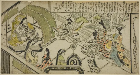 El encuentro de Yoshitsune con la princesa Joruri, de "El cuento de Joruri en doce episodios (Joruri Junidan Zoshi)"