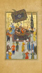 Khusrau sentado en su trono, Folio 64 de un Khamsa Quinteto de Nizami