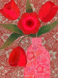 Naturaleza muerta con tulipanes de colores vivos