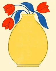 Jarrón amarillo con tulipanes de colores vivos