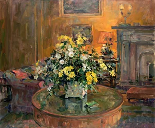 Mesa de tambor con flores amarillas (óleo sobre lienzo)