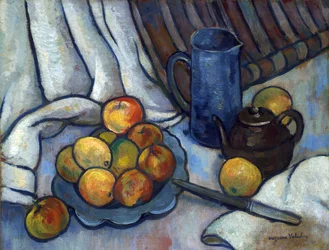 Manzanas, tetera y jarra
