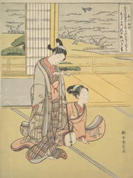 Un joven y una mujer con un shamisen, Monje Saigyo, de una serie aludiendo a los Tres..., ca. 1768
