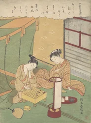 Una joven y un hombre jugando al Shogi (ajedrez japonés), Chunagon Kanesuke, de una serie..., ca. 1767-69