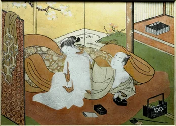 Pareja de amantes recostada en un interior con biombo, estampa Nishiki-e de Suzuki Harunobu (1725-hacia 1770), hacia 1765. 20,6 x 27,8 cm, colección privada