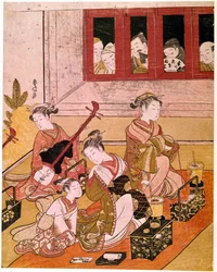 Cortesanas tocando música, expuestas a las miradas de los voyeurs. Estampa japonesa de Suzuki Harunobu (1725-1770). Hacia 1769. Dimensiones: 0,27 x 0,21 m. París, Museo Guimet, Museo Nacional de Artes Asiáticas