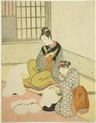 Nieve vespertina sobre un moldeador de hilo (Nurioke no bosetsu), de la serie "Ocho vistas del salón (Zashiki hakkei)"