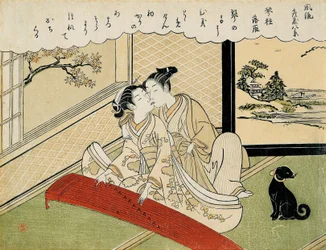 Gansos descendiendo sobre los puentes de koto (Kotoji rakugan), de la serie «Ocho vistas de salón a la moda» (Furyu zashiki hakkei)