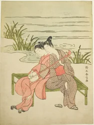 Amantes tocando el mismo shamisen (parodia de Xuanzong y Yang Guifei)