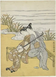 Amantes tocando el mismo shamisen como un mitate del emperador Xuanzong y Yang Guifei, c. 1767